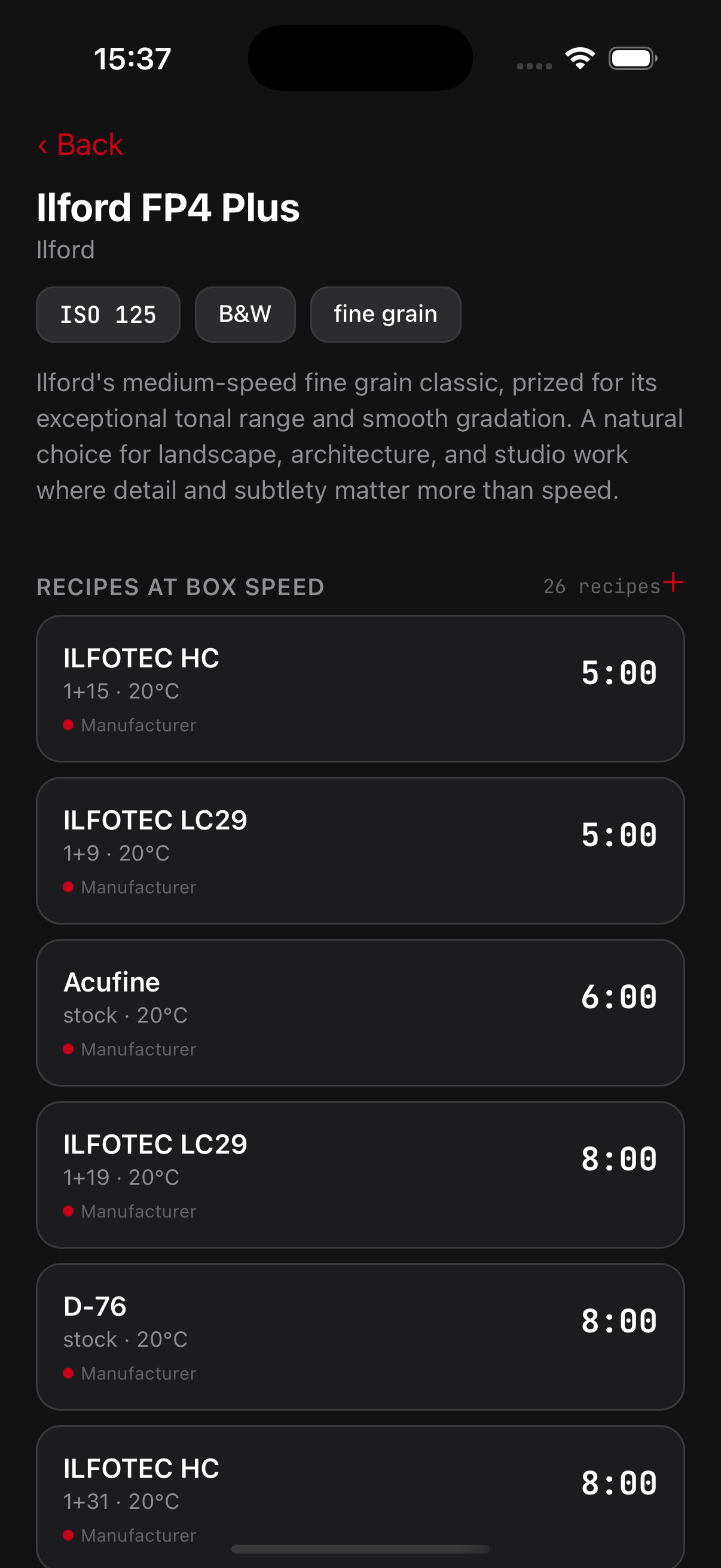 FilmLokr showing 26 recipes for Ilford FP4 Plus with confidence indicators